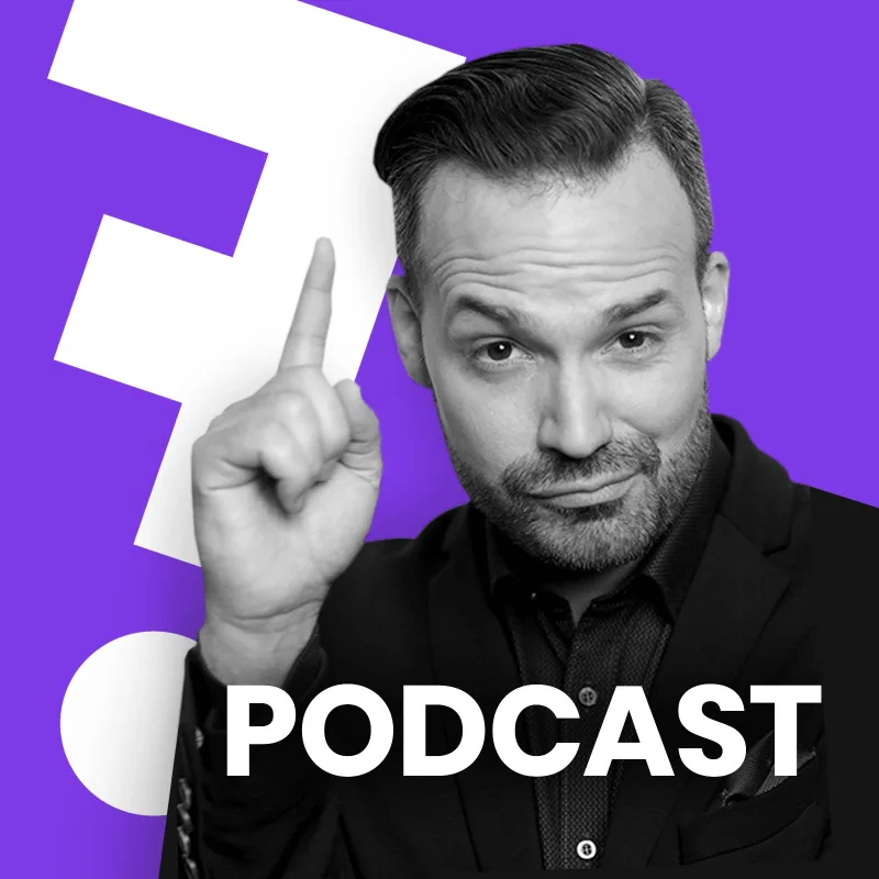 Obal podcastu ZeptejSeFilipa: Filip Novák se zdviženým prstem na fialovém pozadí